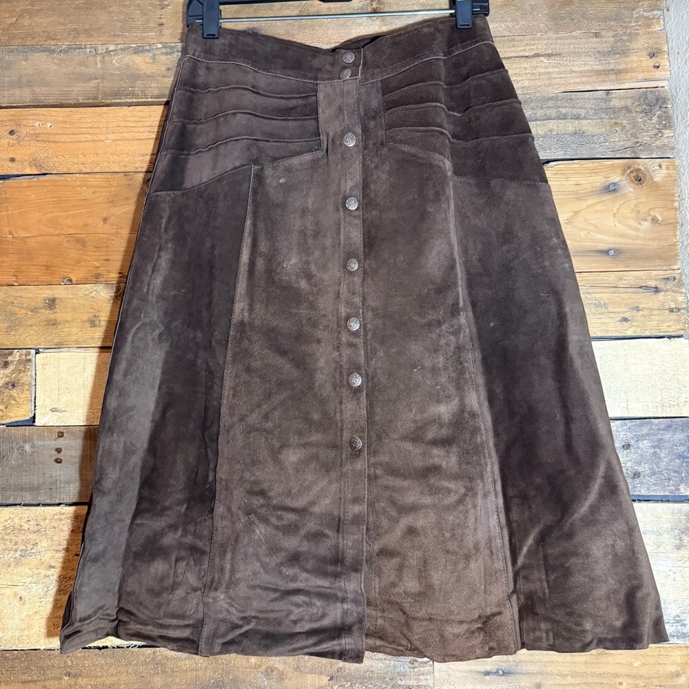 Rare VTG‎ Suede Leather Midi Skirt 15/16 Size 27” Button Front Boho Retro Hippie